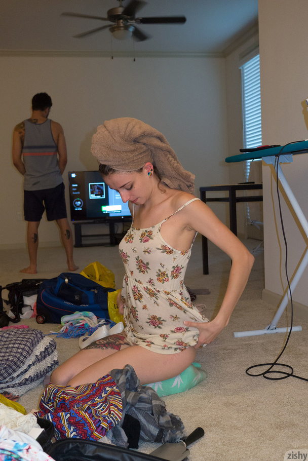 A pink thong is under a babe’s blue plaid d - XXX Dessert - Picture 10