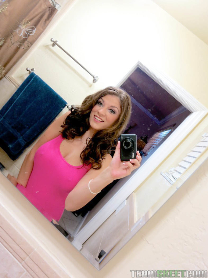 Brown-eyed brunette bitch in pink tanktop gives blowjob, gets fucked on colorful blankets - XXXonXXX - Pic 1
