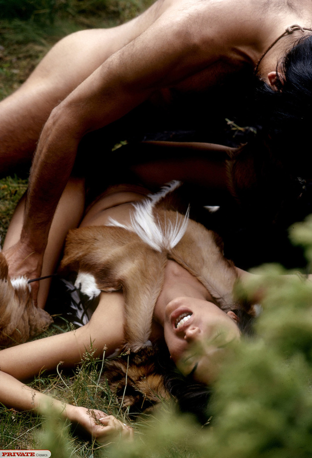 Smoking hot amazon babe in brown and white fur coat and boots displays her indulging body before she gets abducted by a hunk cave man then lets him fuck her in different styles in a forest. - XXXonXXX - Pic 9