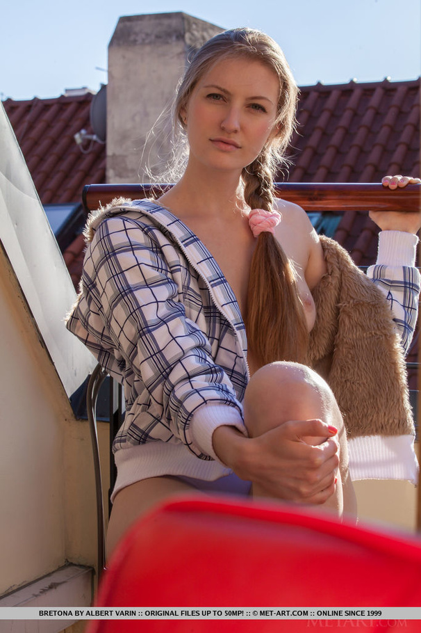 Foxy blonde in blue plaid top and white pan - XXX Dessert - Picture 2