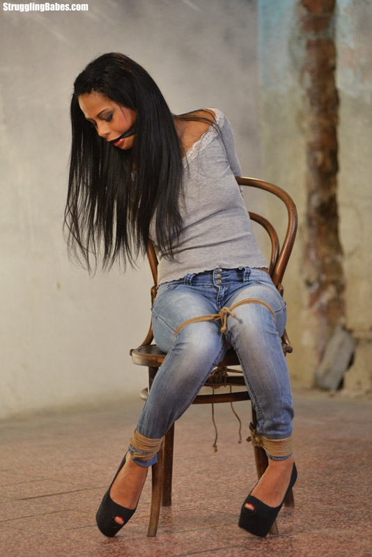 Cute blonde in red top and jeans shorts gagged, roped vibrated and machine fucked - XXXonXXX - Pic 2