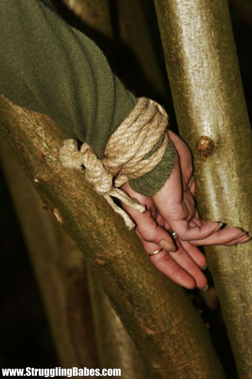 Lusty brunette in jeans pants and green top gagged and tied to bamboo tree - XXXonXXX - Pic 11