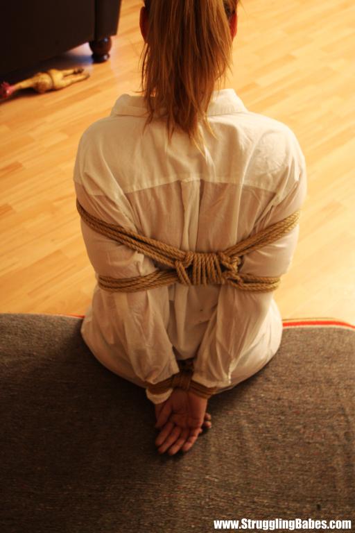 Shapely brunette in white shirt and black panties roped, bound and gagged on floor - XXXonXXX - Pic 7