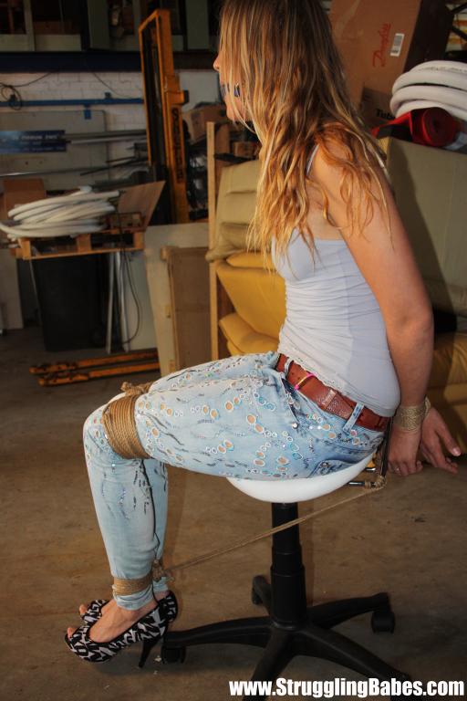 Fresh blonde in blue top and pants chair bound, gagged with boobs squeezed - XXXonXXX - Pic 4