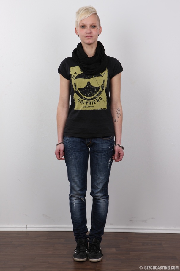 Blonde rocker babe with arm tattoo in white lingerie shows off her masculine arms while sitting with her legs opened showing her pinkish pussy lips - XXXonXXX - Pic 2