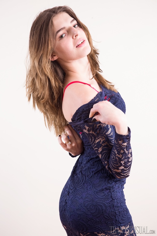 Young brunette in a purple dress shows her small tits and cock - XXXonXXX - Pic 4