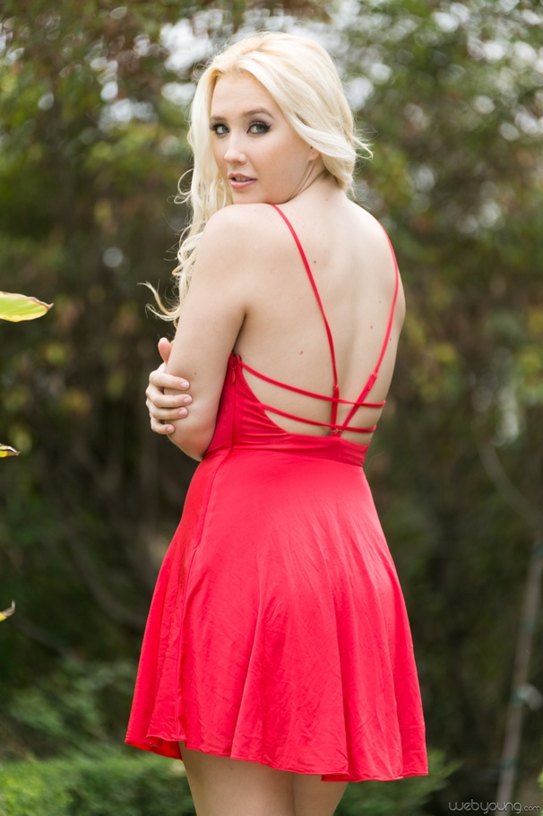 Small breasted blonde in red dress and brunette beauty in jeans shorts stripteasing outdoors and showing their tight snatches - XXXonXXX - Pic 2