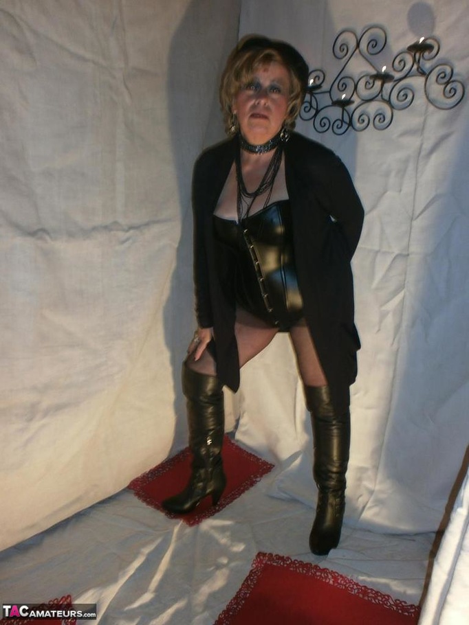 Mature blonde slut plays with her massive natural jugs, while wearing sexy lingerie - XXXonXXX - Pic 3