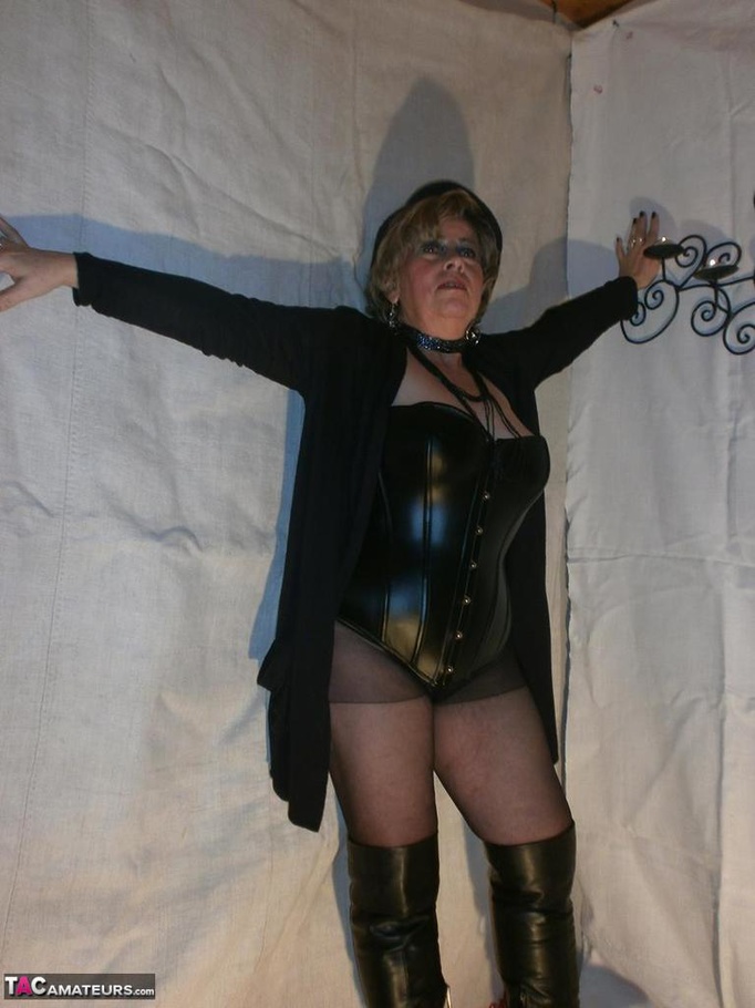 Mature blonde slut plays with her massive natural jugs, while wearing sexy lingerie - XXXonXXX - Pic 9