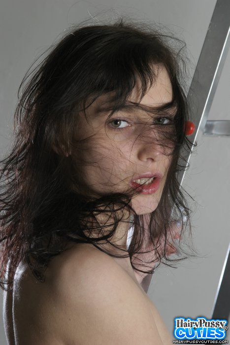 Skinny brunette with small tits sheds jeans and white thongs to expose her hairy cunt while posing nude by the ladder - XXXonXXX - Pic 9