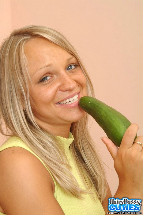 Blue eyed blonde in yellow top and white underwear undressing and teasing her hairy coochie with cucumber on the table - XXXonXXX - Pic 2