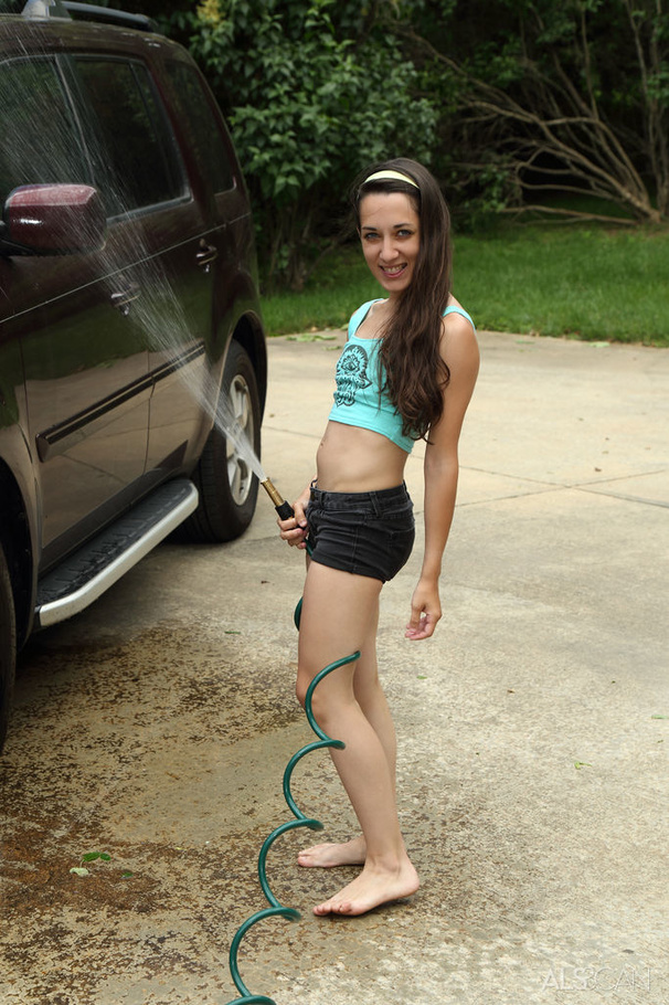 Grey eyed brunette washing car outdoors and - XXX Dessert - Picture 2