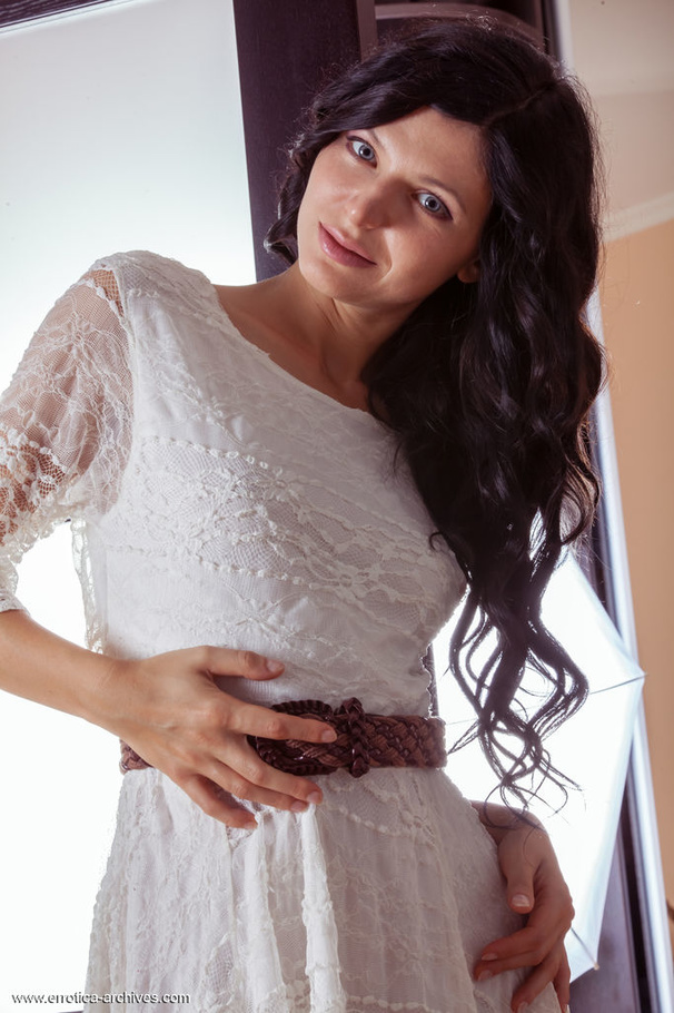 Black haired babe with grey eyes slowly wiggles out of white dress to expose her hairy fuck hole - XXXonXXX - Pic 1