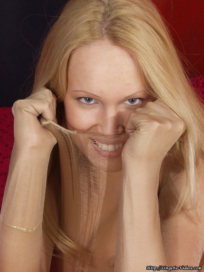 Foxy blonde with skinny body expose her luscious tits and sweet pussy in different poses on a red couch as she rips her skin tone shirt and black fishnet stockings. - XXXonXXX - Pic 6