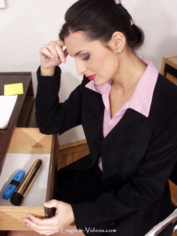 Beautiful secretary gets naughty and takes off her pink shirt and black dress and teases with her sizzling hot body in white lingerie, stockings and high heels before she strips down her panty and nails her twat with a gold dildo in the office. - XXXonXXX - Pic 5