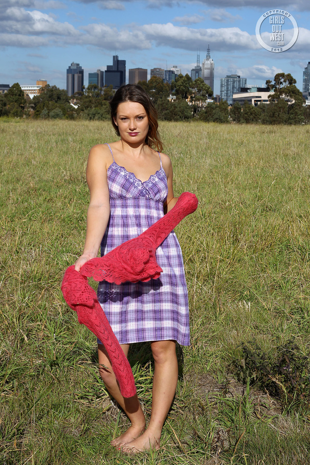 Steaming hot chick with steaming hot body peel off her pink jacket and purple and white dress and bares her lusty boobs and juicy pussy in different poses in a grass field. - XXXonXXX - Pic 5