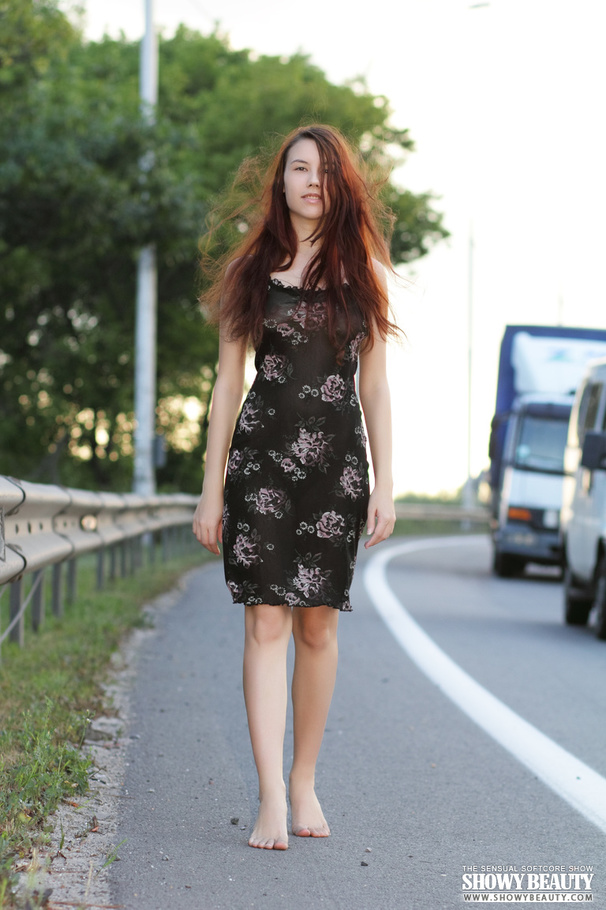 Steaming hot chick displays her indulging body in different poses outdoor then bares her juicy boobs and lusty pussy in different poses wearing her black dress. - XXXonXXX - Pic 1