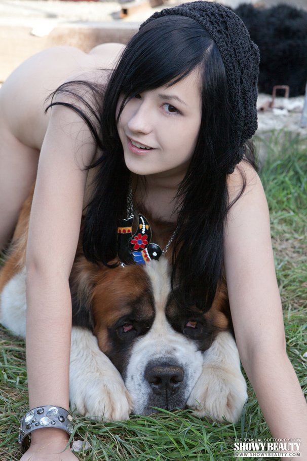 Gorgeous babe wearing black fur coat, blouse, gray and black panty and black high heels shows her luscious boobs while she displays her banging body before she gets naked and reveals her juicy twat in different poses outdoor with her st. bernard. - XXXonXXX - Pic 5