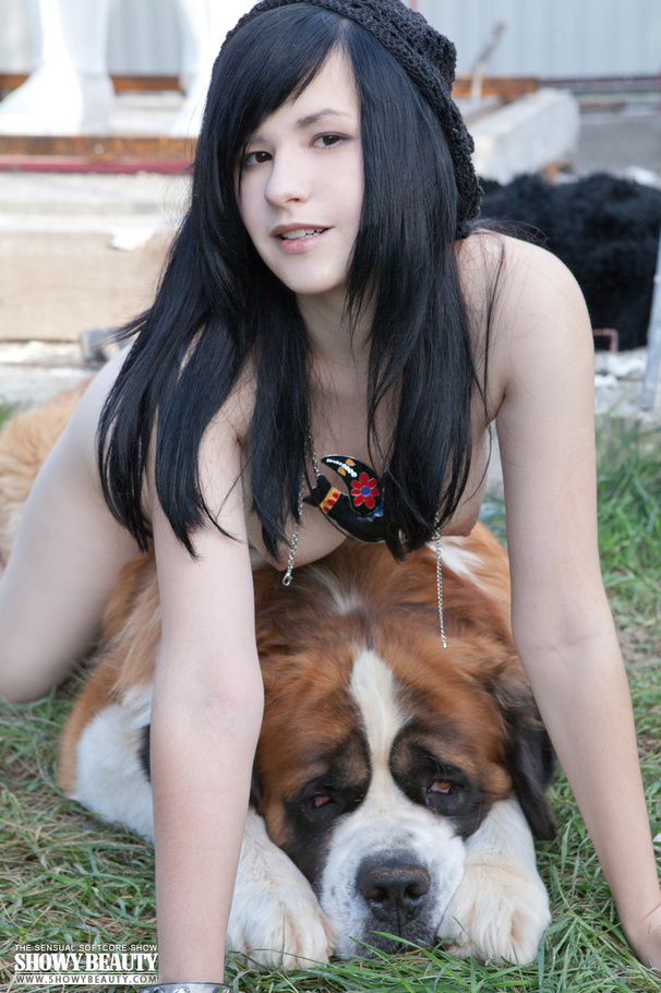 Gorgeous babe wearing black fur coat, blouse, gray and black panty and black high heels shows her luscious boobs while she displays her banging body before she gets naked and reveals her juicy twat in different poses outdoor with her st. bernard. - XXXonXXX - Pic 6