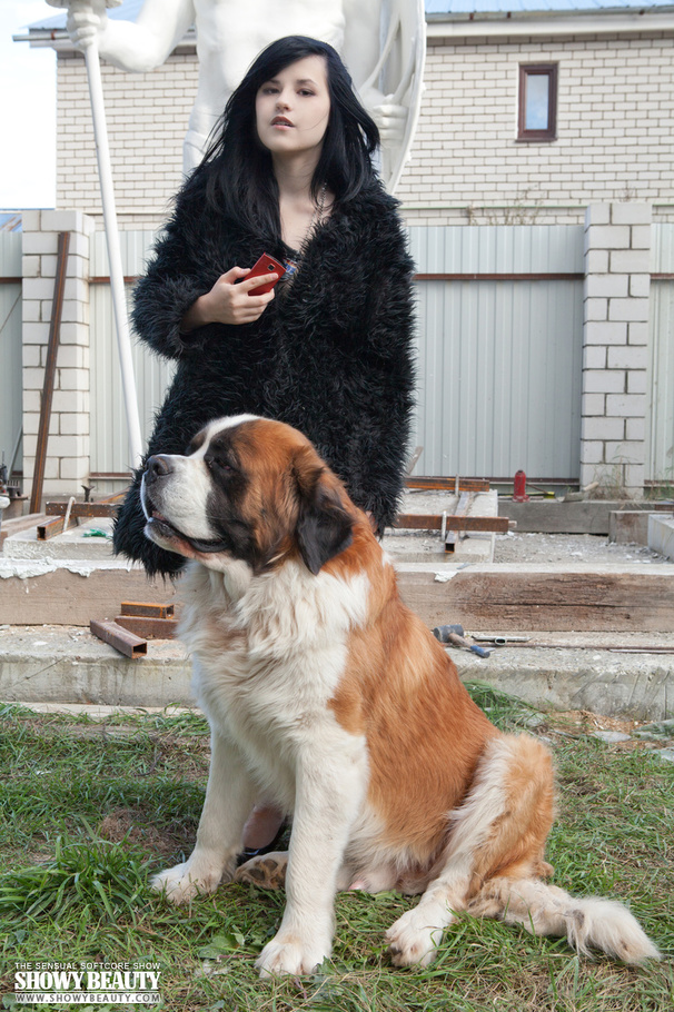 Gorgeous babe wearing black fur coat, blouse, gray and black panty and black high heels shows her luscious boobs while she displays her banging body before she gets naked and reveals her juicy twat in different poses outdoor with her st. bernard. - XXXonXXX - Pic 7