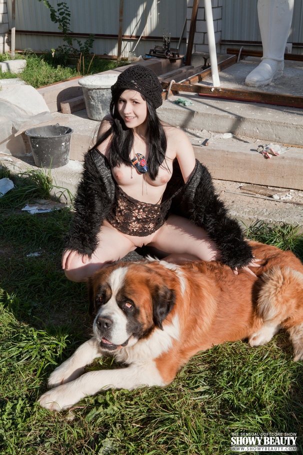 Gorgeous babe wearing black fur coat, blouse, gray and black panty and black high heels shows her luscious boobs while she displays her banging body before she gets naked and reveals her juicy twat in different poses outdoor with her st. bernard. - XXXonXXX - Pic 19