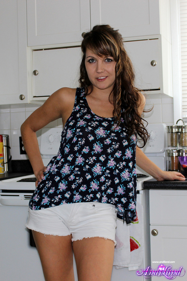 Cucumber-loving brunette in short white sho - XXX Dessert - Picture 1