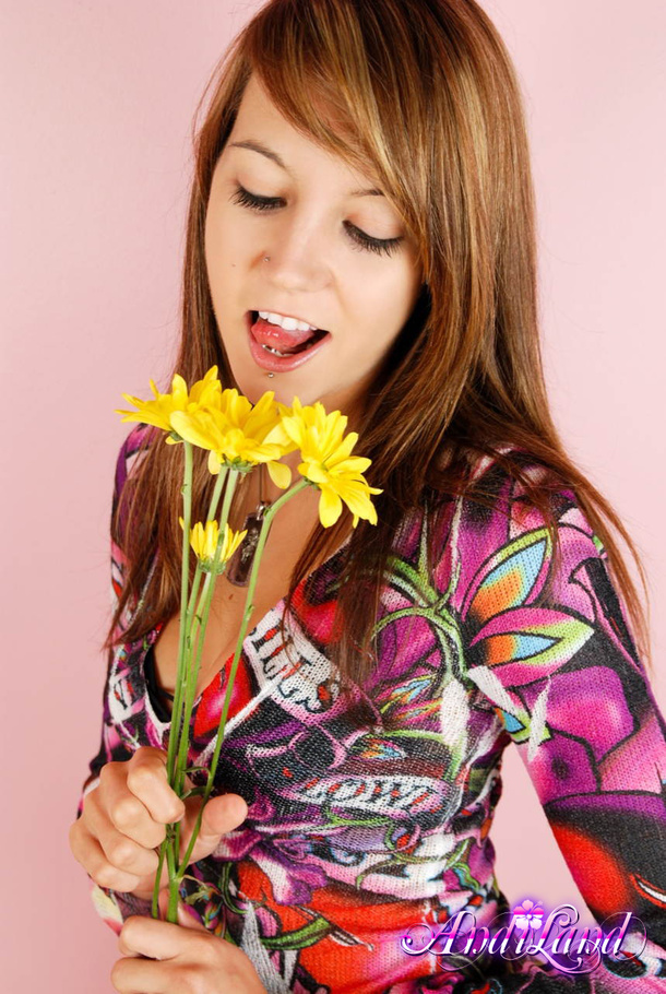 Floral top brunette with fishnets and black - XXX Dessert - Picture 1
