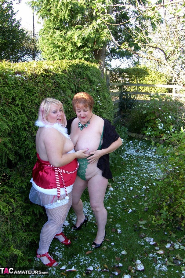 Two mature ladies in high heels and sexy lingerie undressing outdoors and posing naked on the show - XXXonXXX - Pic 1