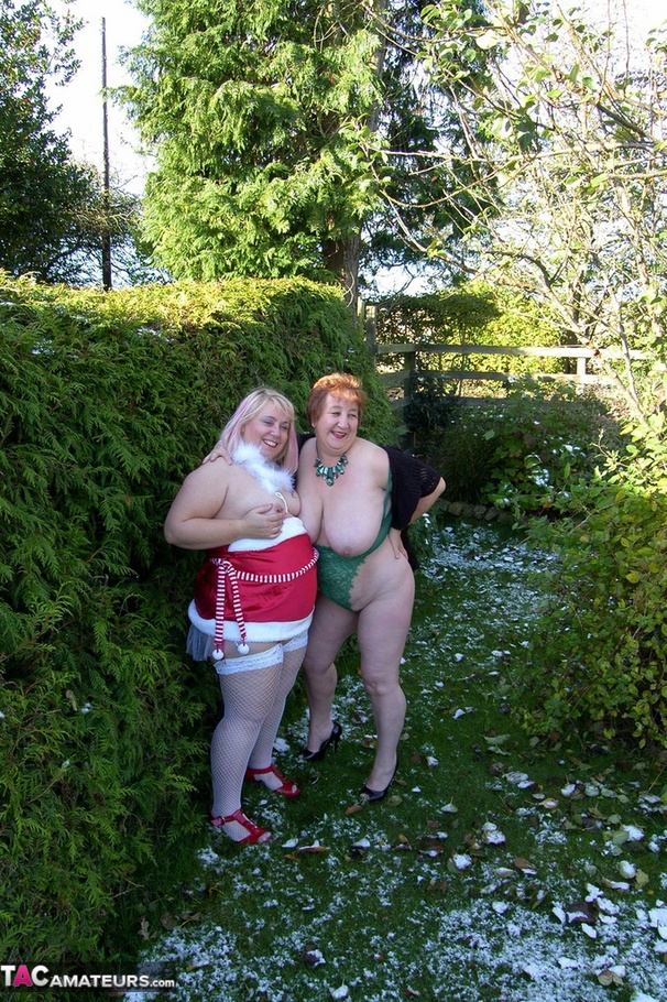 Two mature ladies in high heels and sexy lingerie undressing outdoors and posing naked on the show - XXXonXXX - Pic 2