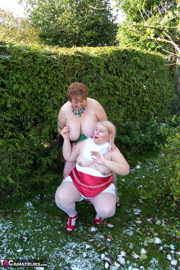 Two mature ladies in high heels and sexy lingerie undressing outdoors and posing naked on the show - XXXonXXX - Pic 5