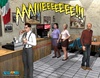 Two busty 3d woman in bras fighting in ladies restroom.
