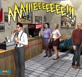 Two busty 3d woman in bras fighting in ladies restroom.