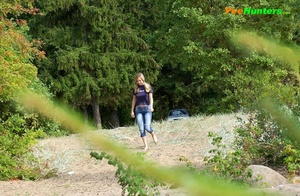 Perverted blonde flasher teen pisses in forest - Picture 1