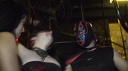 Two party babes in sexy outfits and masked guy going wild in the public.