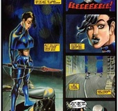 Stunning dark haired girl in latex fighting with criminals