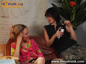 Blond girl in pink blouse and miniskirt drinks wine with her boyish girlfriend - XXXonXXX - Pic 1