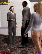 White 3d toon chick stucked in the elevator with two guys trying her first