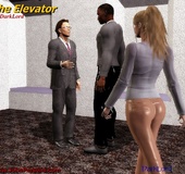 White 3d toon chick stucked in the elevator with two guys trying her first