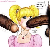 Young pigtailed toon blonde tries two black cocks in her mouth at first