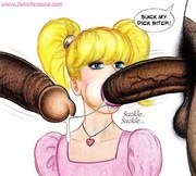 Young pigtailed toon blonde tries two black cocks in her mouth at first time.