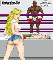 White cartoon stunner in tight outfit teasing black dudes in the boxing gym.