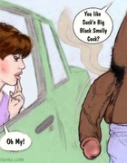 Sex starving cartoon brunette giving a head to black stranger right in