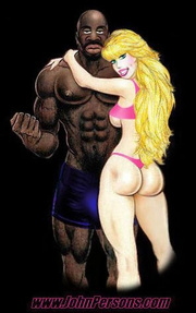 Cartoon blonde hottie with huge juggs giving a head to black stud in the library.