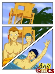Lucky cartoon gay dude gets kissed on the beach by handsome well-hung rescuer.