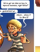 Two perverted dudes trying to persuade busty toon blonde to wear mini