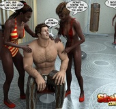 Three 3d ebony ladyboys in tight bikini undressing big white guy and blowing