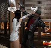Dark haired 3d toon ladyboy in white lingerie asked unlucky thief to suck