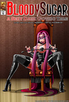 Pink haired dominatrix in corset and latex with legs spread wide open