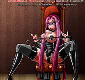 Pink hair drawn bimbo in latex corset and stokings spreading wide.