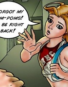 Naughty cheerleader sneaks off to peep at nude black jocks in locker room